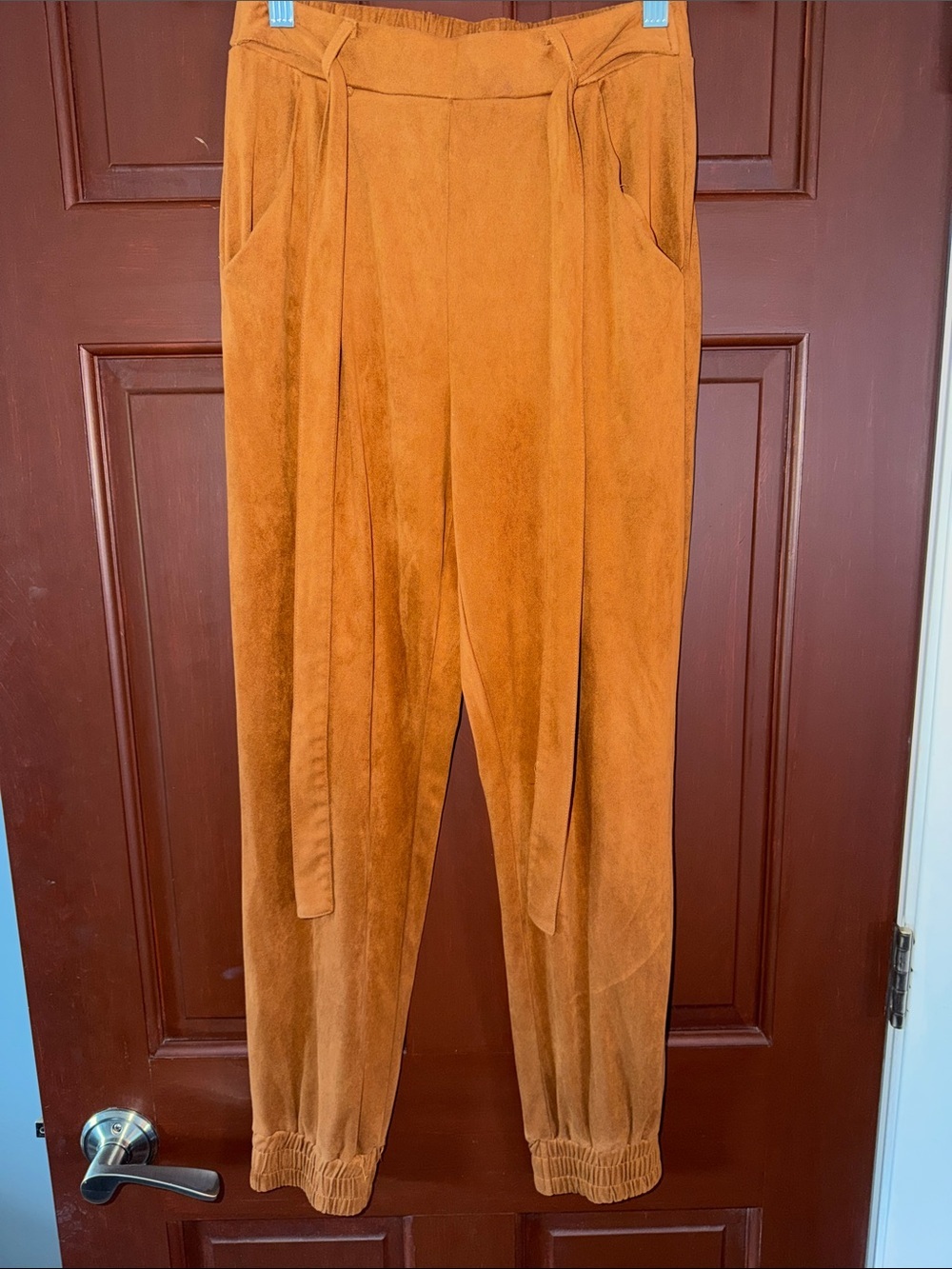 Blue Rain Jogger Pants in Warm Camel Brown with Elevated Soft Faux Suede